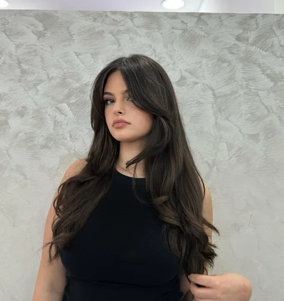 Dark Espresso Butterfly Layers with Sweeping Curtain Bangs