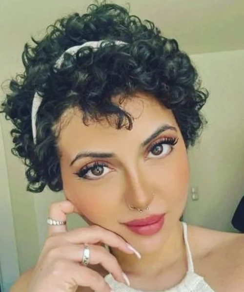 Dark Tightly Curled Pixie with Headband Styling