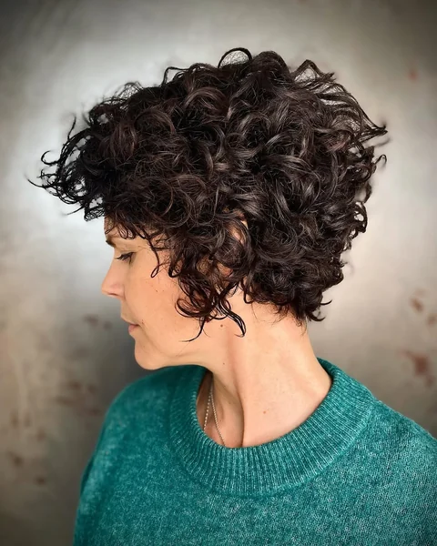 Deep Brunette Curly Tapered Pixie with Height