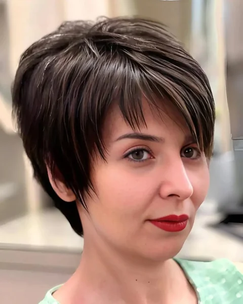 Deep Brunette Pixie with Long, Sweeping Bangs
