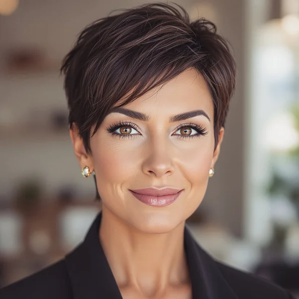 Deep Brunette Pixie with Sweeping Side Bangs