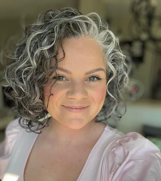 Dimensional Curly Bob with Silver-Charcoal Blend