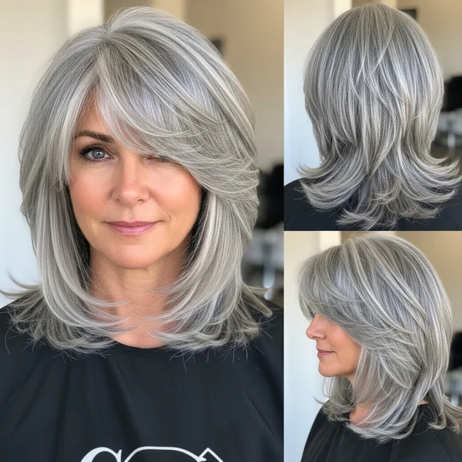 Feathered Silver Layers with Wispy Bangs