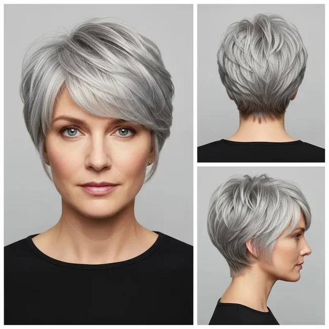 Layered Silver Pixie Haircut for Older Women With Fine Hair