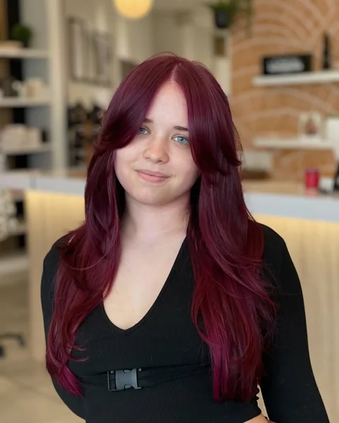 Long Cherry Red Butterfly Cut with Face-Framing Layers