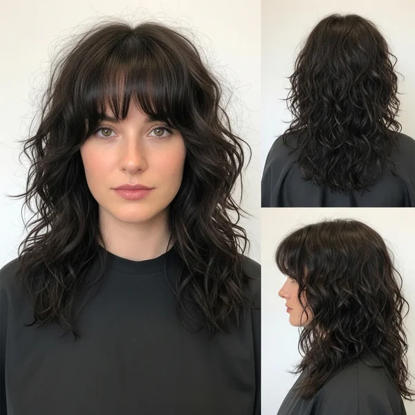 Long Curly Shag Haircut with Bangs