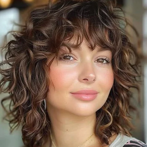 Modern Curly Shag with Layered Volume and Fringe