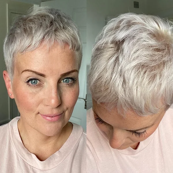 Platinum Silver Textured Pixie with Whisper Bangs