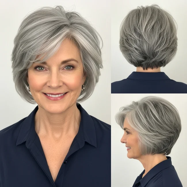 Short Shag Hairstyle Over 50 Gray Hair