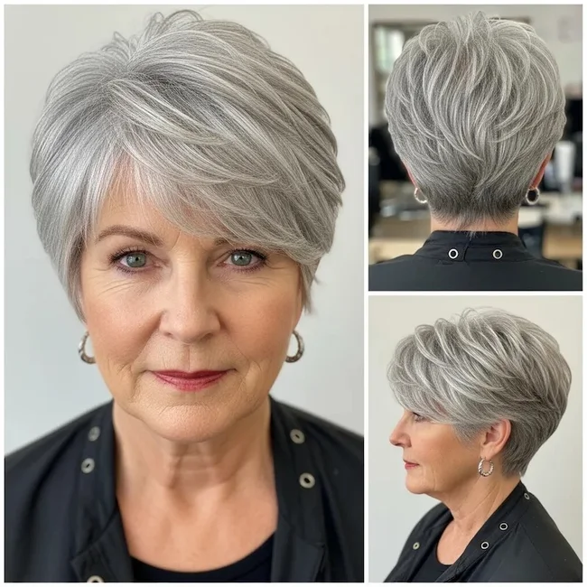 Short Silver Pixie with Textured Bangs – Multi-Angle View