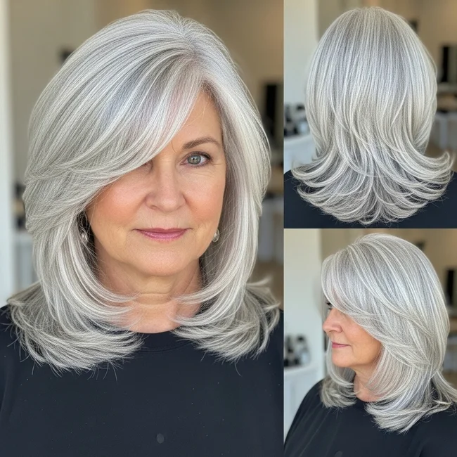 Side-Parted Silvery White Layers with Soft Waves