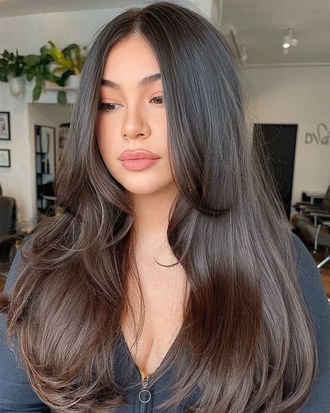 Smoky Brunette Long Hair with Soft Butterfly Layers