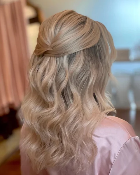 Soft Blonde Half-Up Twist with Polished Wedding Waves