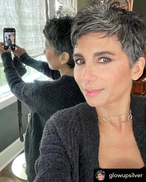 Textured Charcoal Pixie with Salt-and-Pepper Highlights