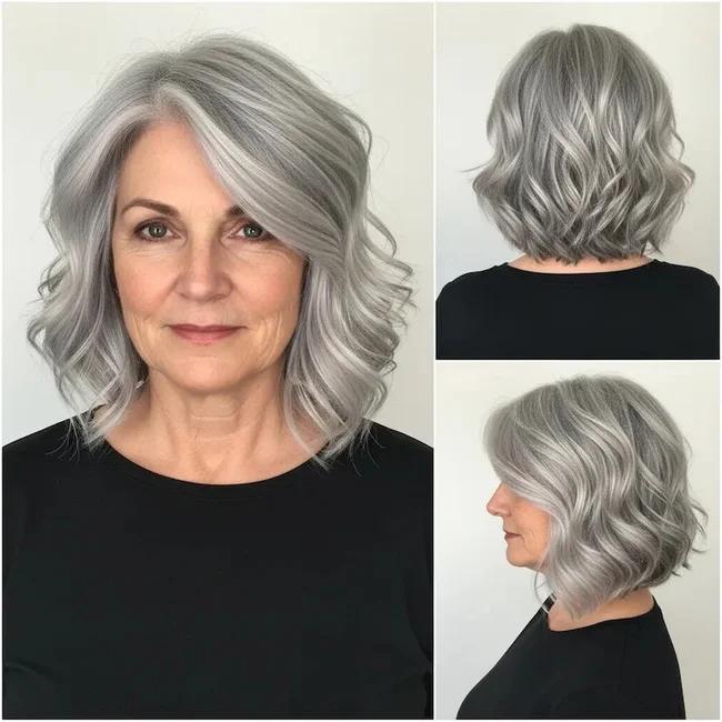 Textured Gray Wavy Bob with Wispy Ends