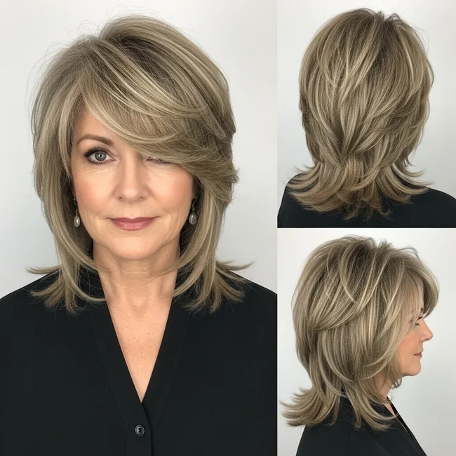 Textured Layers with Long Side-Swept Bangs