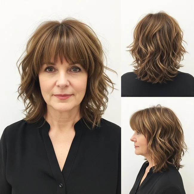 Tousled Wavy Layers with Bangs