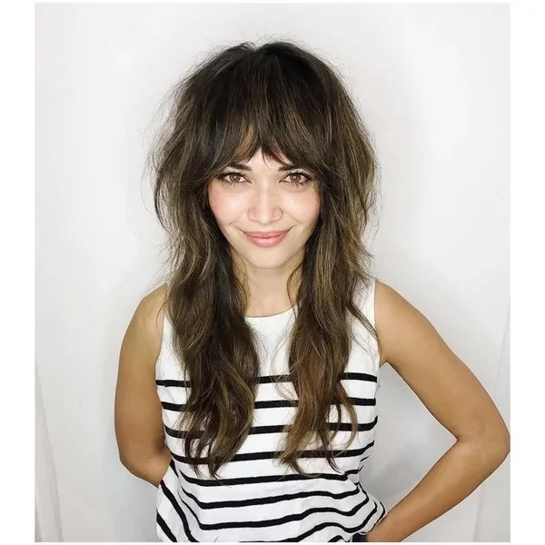 Ultimate Messy Brunette Shag with Full Feathered Bangs