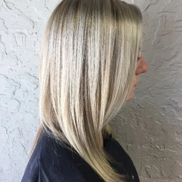 Angled Straight Lob with Bright Blonde Highlights