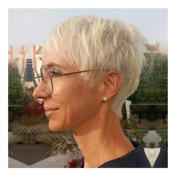 Bold Platinum Textured Pixie with Undercut Nape