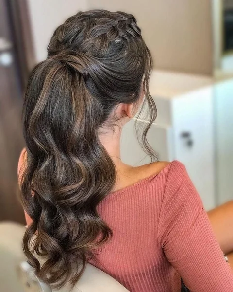 Braided Crown Low Ponytail with Soft Barrel Curls