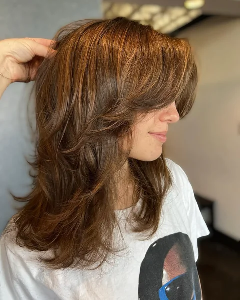 Copper Brown Butterfly Cut with Heavy Curtain Bangs