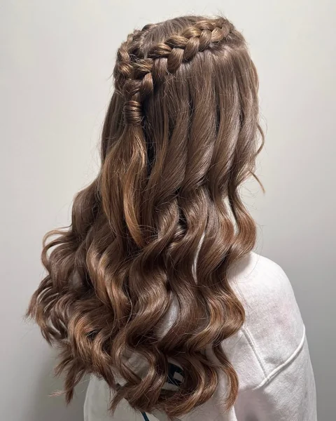 Crown Dutch Braid Half-Up Style with Glossy Curls