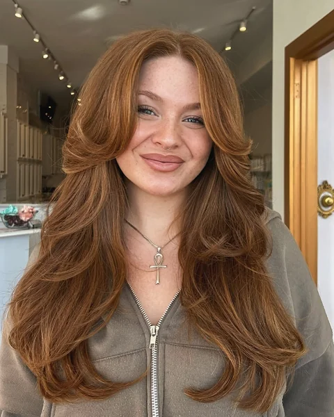 Fiery Copper Butterfly Layers with Sweeping Bangs