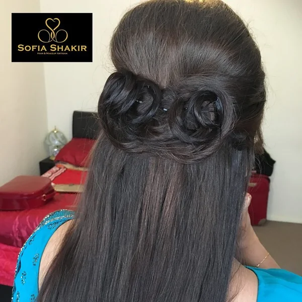Half-Up Straight Hair with Dual Rose Buns