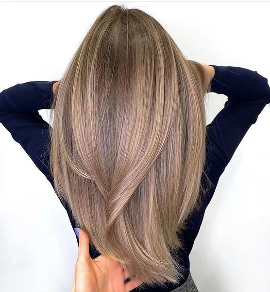 Long Bronde Straight Hair with V-Shaped Layers