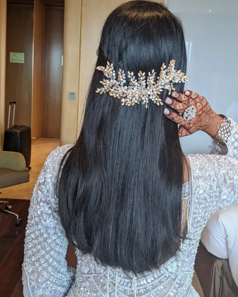 Long Dark Straight Hair with Glamorous Headpiece