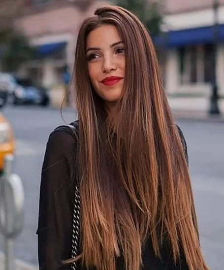 Long Straight Brunette Hair with Caramel Balayage