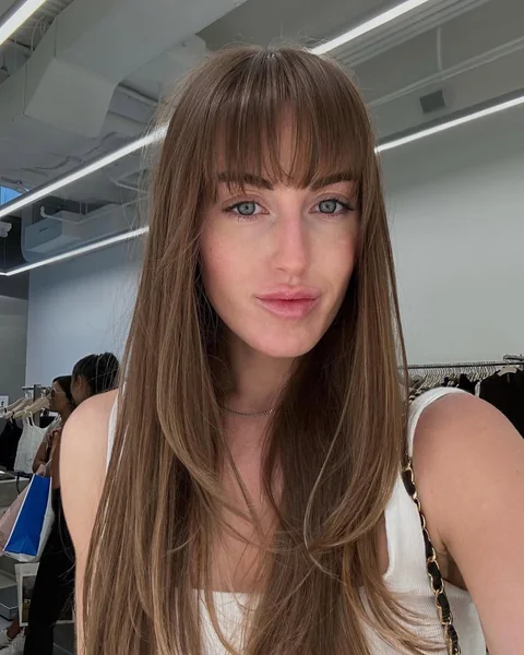 Long Straight Brunette Hair with Full Wispy Bangs