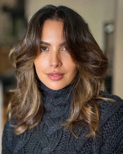 Mid-Length Caramel Butterfly Layers with Voluminous Face Frame