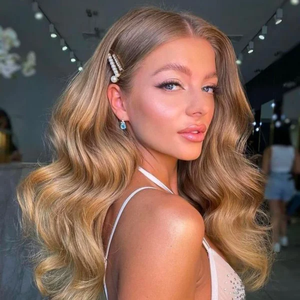 Polished Golden Hollywood Waves with Pearl Clips