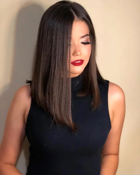 Sleek Chocolate Lob with Deep Side Part