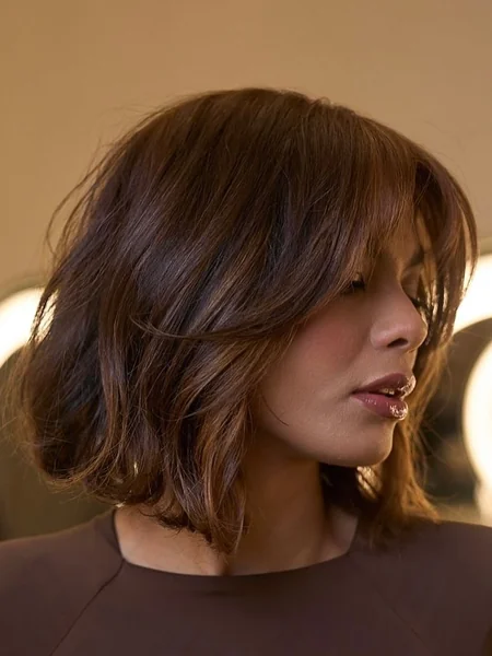 Voluminous Layered Bob with Warm Chocolate Tones