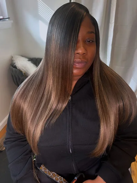 Voluminous Straight Hair with Ash Brown Balayage