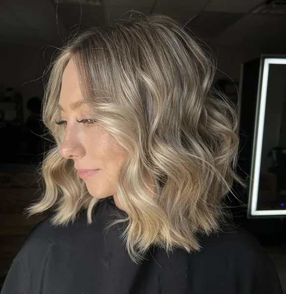 Ash Blonde Lived-In Lob with Textured Beachy Waves