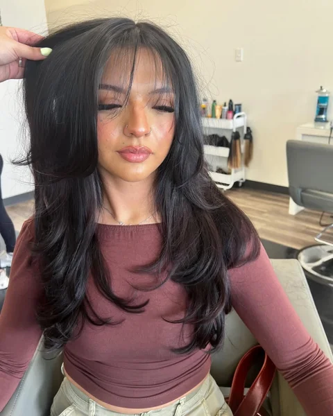 Black Gloss Butterfly Cut with Light Wispy Fringe