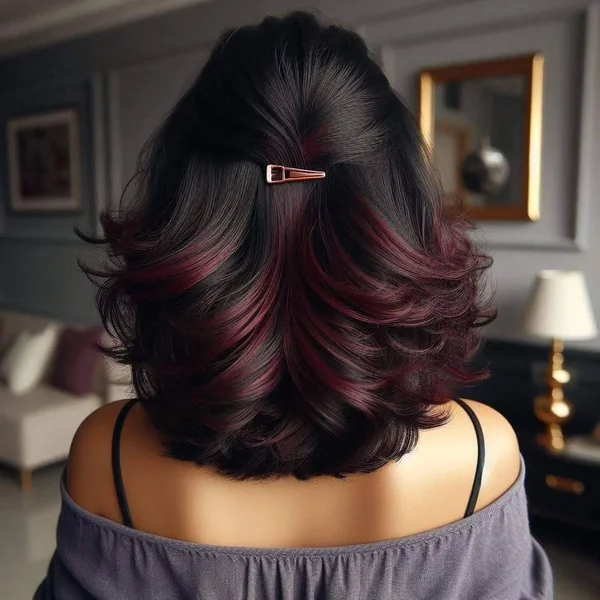 Black and Burgundy Layered Lob with Hidden Color