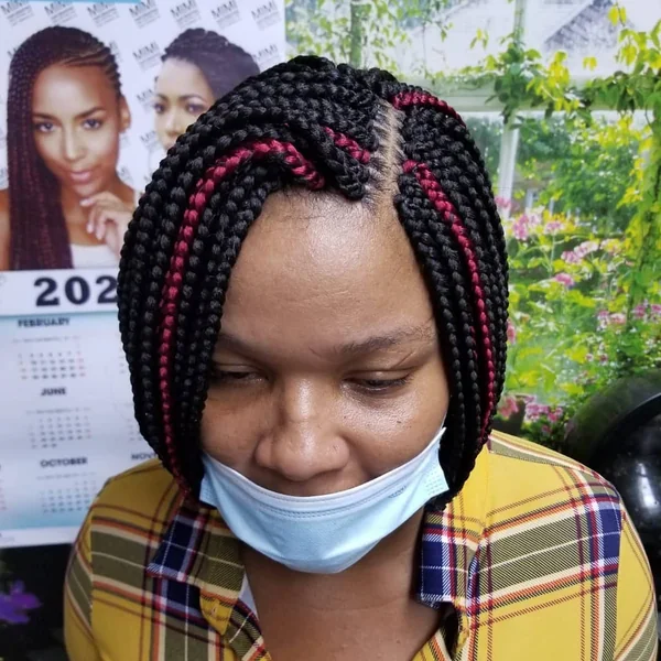 Bold Black and Crimson Side-Parted Braided Bob