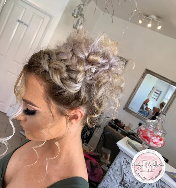 Braided High Updo with Messy Platinum Curls