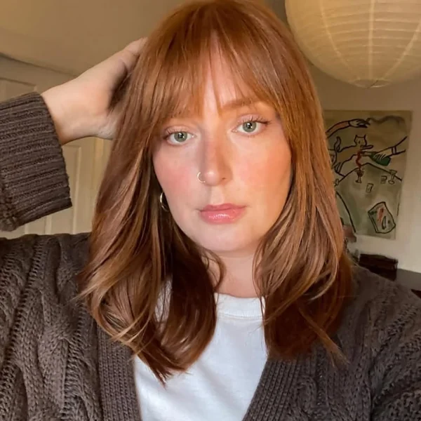 Chic Copper Lob with Full Flattering Bangs