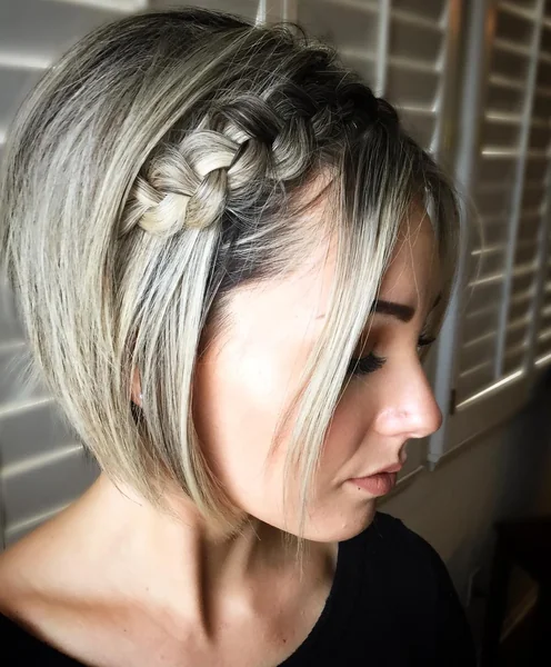 Chic Platinum Bob with a Thick Braided Crown