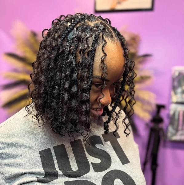Curly Bohemian Bob Braids with Deep Side Part
