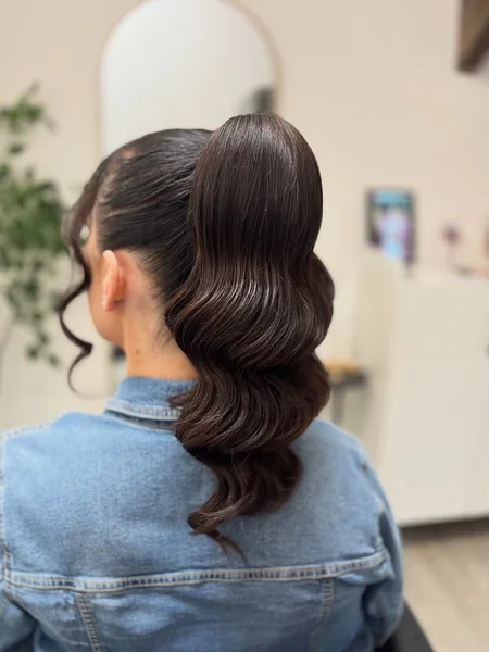 Dark Wavy Bridal Ponytail with Scattered Crystal Accents