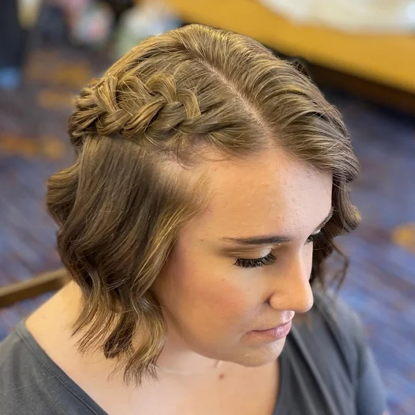 Deep Side-Parted Bob with Waved Ends and Crown Braid