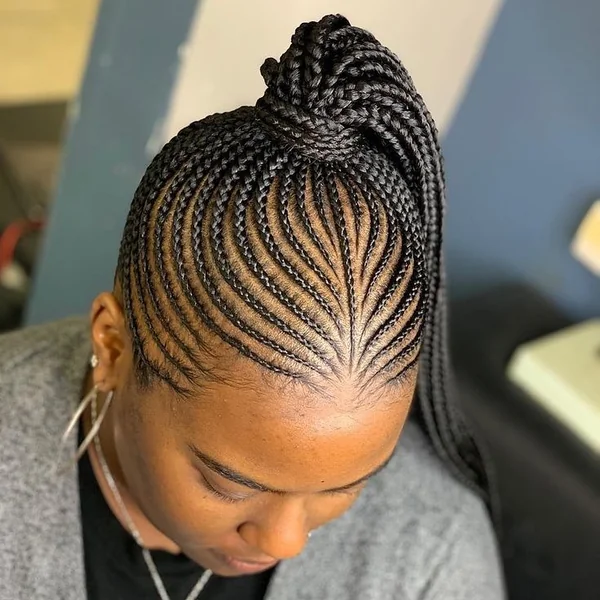 Detailed Cornrow Design to High Braided Ponytail