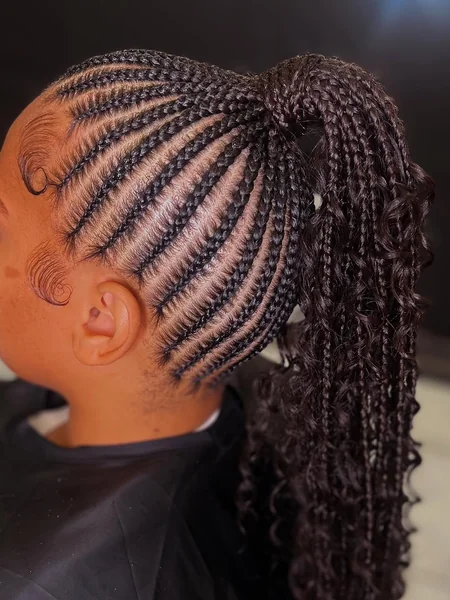 Detailed Cornrows into High Curly Braided Ponytail